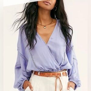 Free People Weekend Love Top Lavender Balloon Sleeve Crop Blouse M periwinkle FP